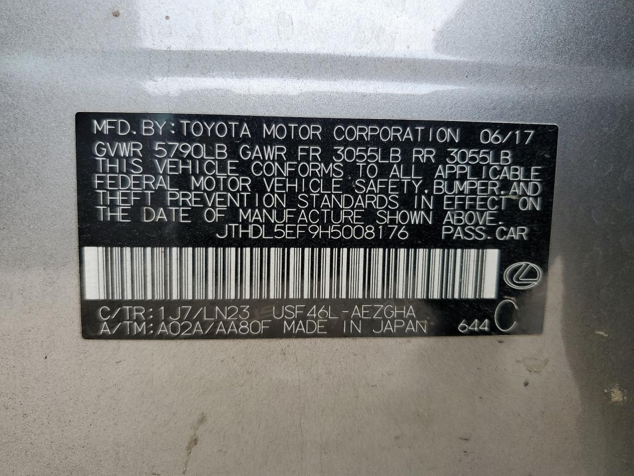 2017 Lexus Ls 460L VIN: JTHDL5EF9H5008176 Lot: 67026305