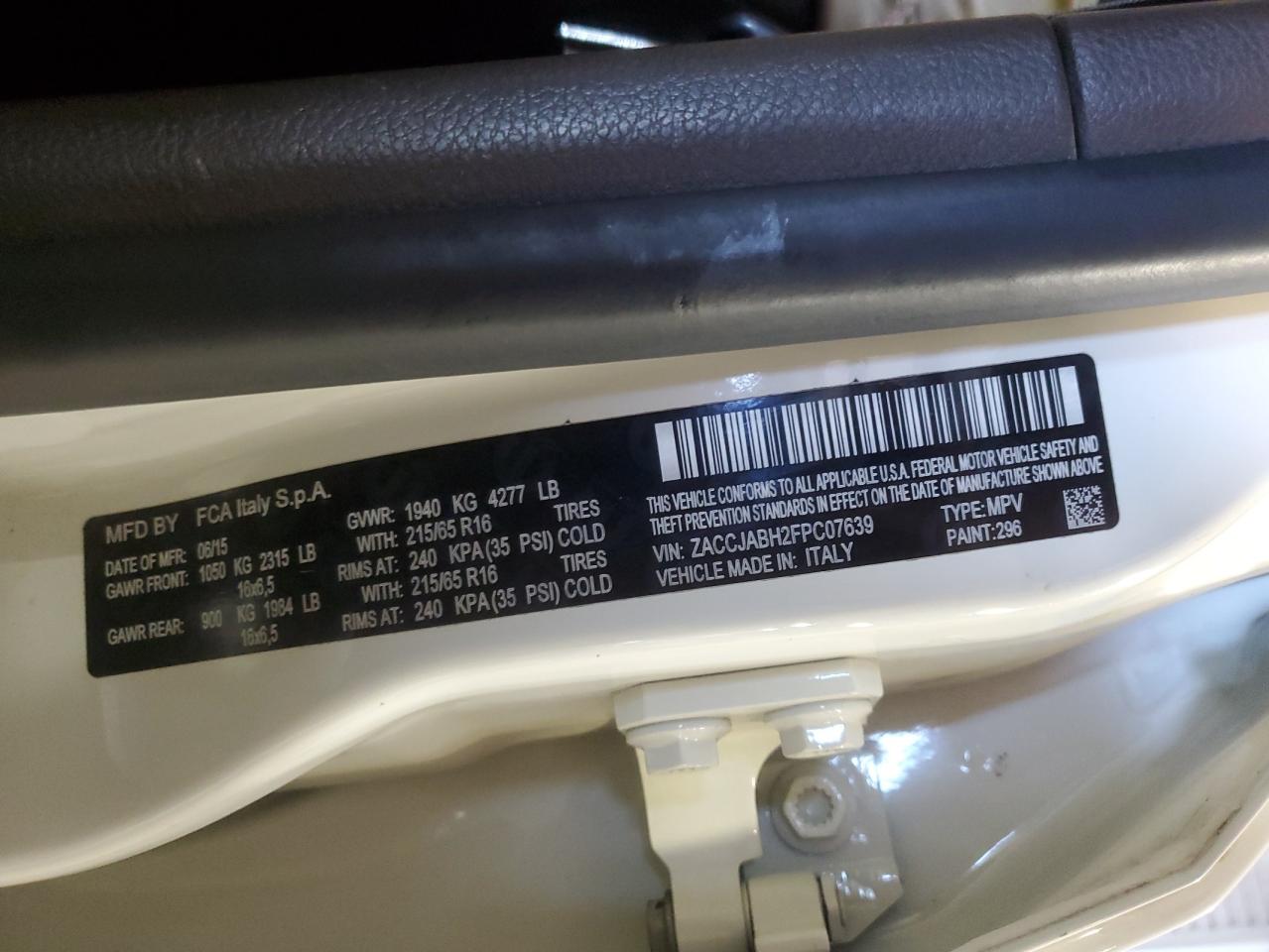 2015 Jeep Renegade Latitude VIN: ZACCJABH2FPC07639 Lot: 64127045