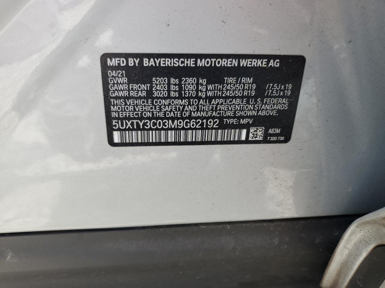 2021 BMW X3 Sdrive30I VIN: 5UXTY3C03M9G62192 Lot: 63177705