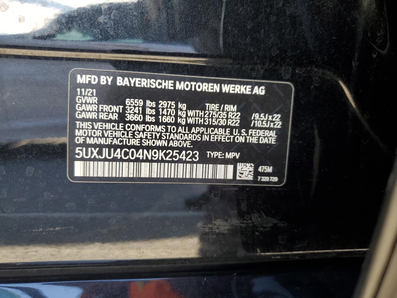 2022 BMW X5 M50I VIN: 5UXJU4C04N9K25423 Lot: 64122785