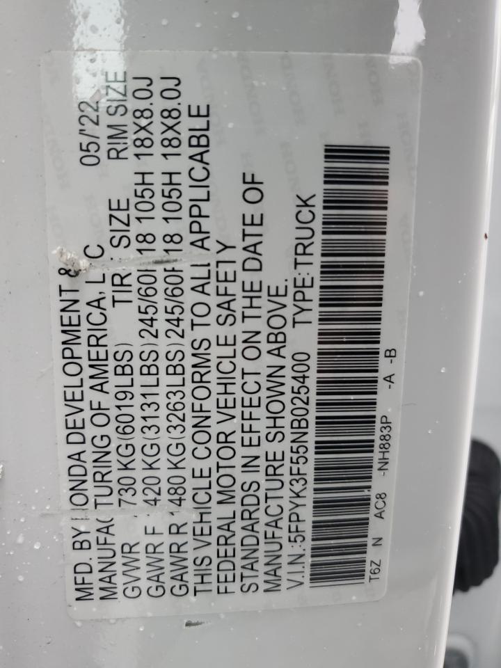 2022 Honda Ridgeline Rtl VIN: 5FPYK3F55NB025400 Lot: 64478635