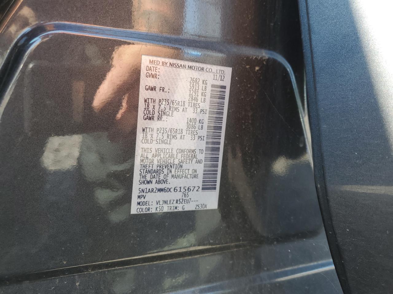 2013 Nissan Pathfinder S VIN: 5N1AR2MM6DC615672 Lot: 64204525