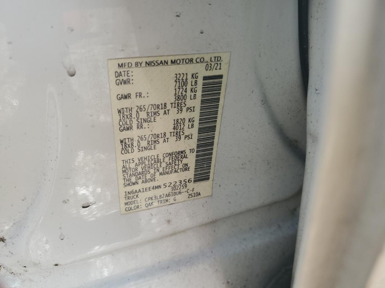 2021 Nissan Titan S VIN: 1N6AA1EE4MN522356 Lot: 64321115