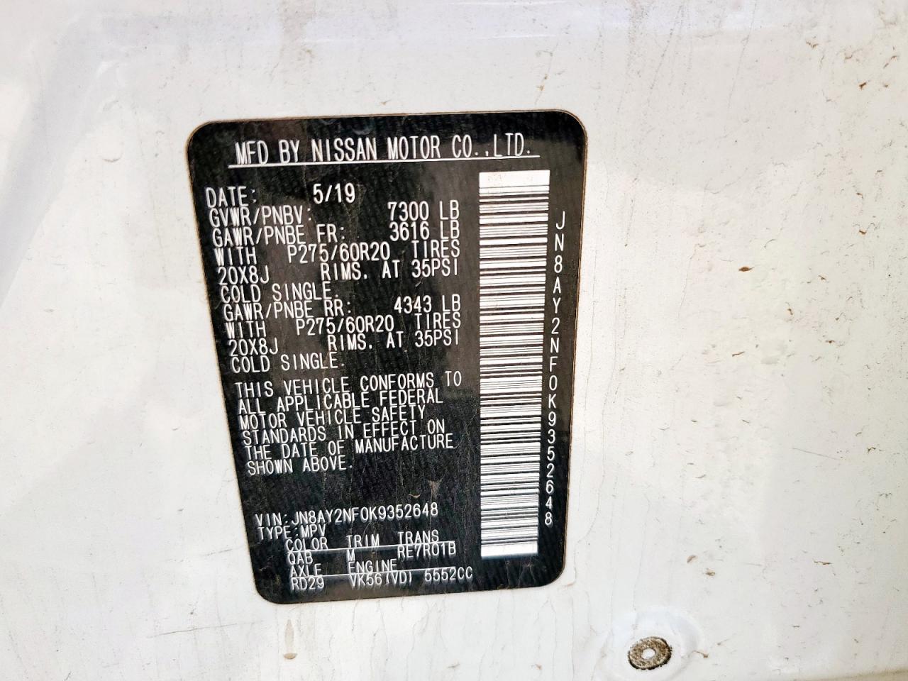 2019 Nissan Armada Platinum VIN: JN8AY2NF0K9352648 Lot: 63454385