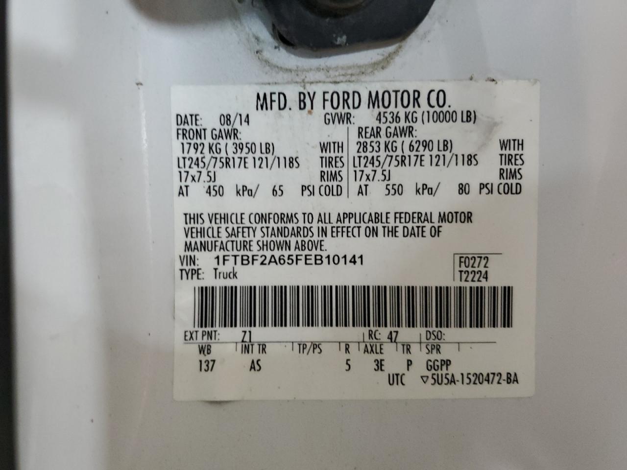 2015 Ford F250 Super Duty VIN: 1FTBF2A65FEB10141 Lot: 65227535