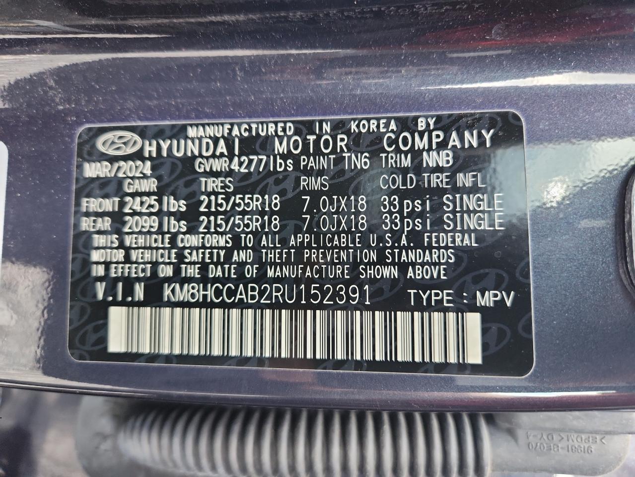2024 Hyundai Kona Sel VIN: KM8HCCAB2RU152391 Lot: 63857225
