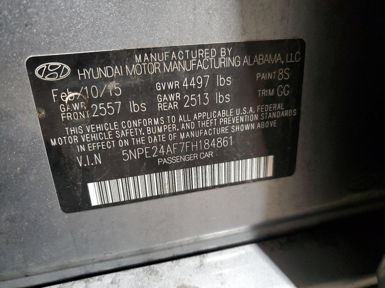 2015 Hyundai Sonata Se VIN: 5NPE24AF7FH184861 Lot: 63080485