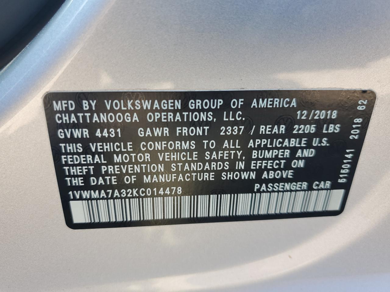 2019 Volkswagen Passat Se R-Line VIN: 1VWMA7A32KC014478 Lot: 63054045
