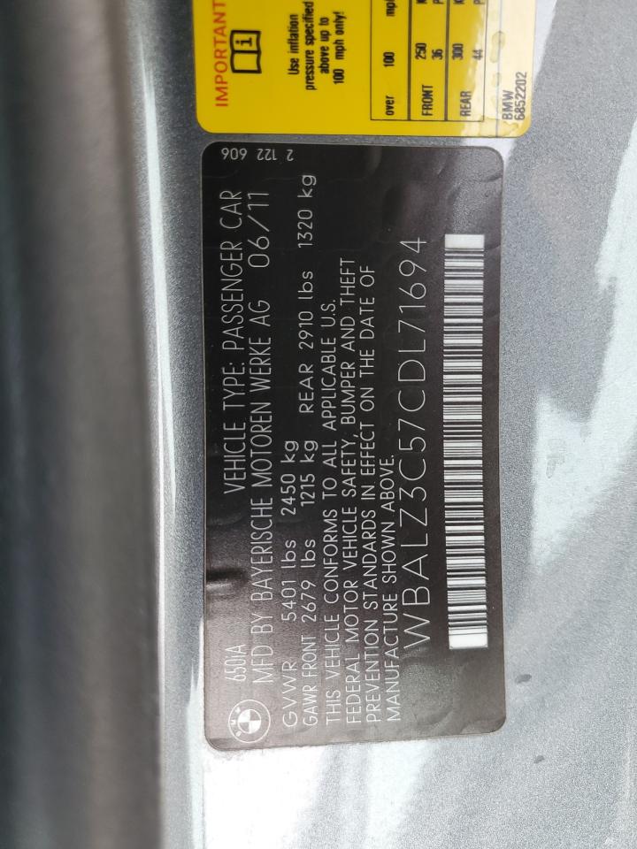 2012 BMW 650 I VIN: WBALZ3C57CDL71694 Lot: 64867045