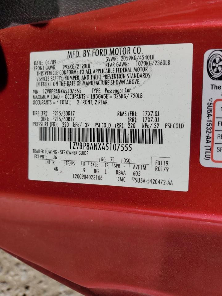 2010 Ford Mustang VIN: 1ZVBP8ANXA5107555 Lot: 63147195