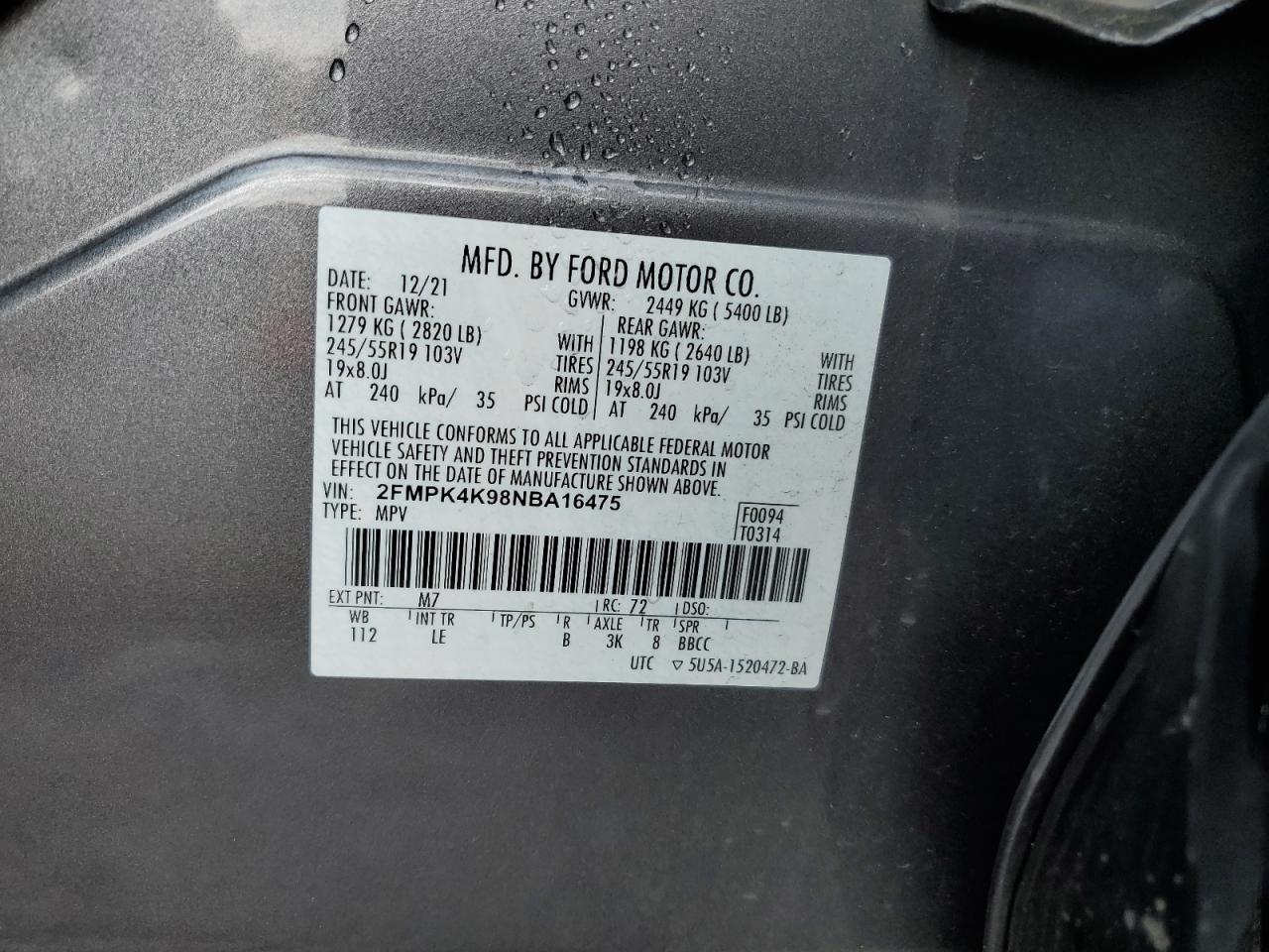 2022 Ford Edge Titanium VIN: 2FMPK4K98NBA16475 Lot: 63943565