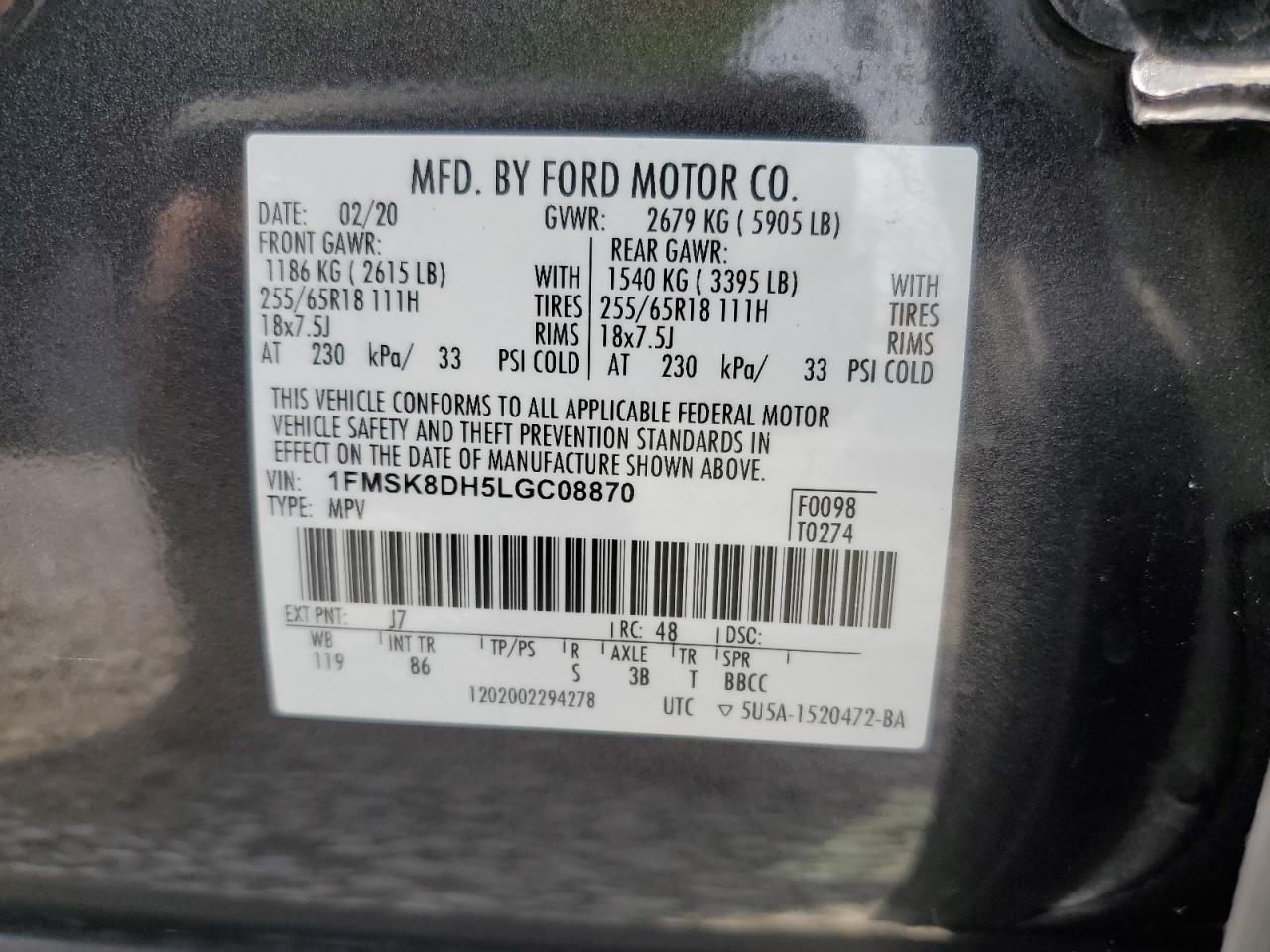 2020 Ford Explorer Xlt VIN: 1FMSK8DH5LGC08870 Lot: 63075375