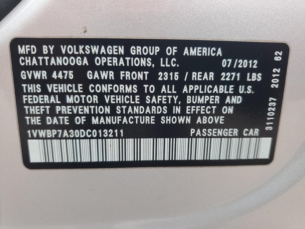 2013 Volkswagen Passat Se VIN: 1VWBP7A30DC013211 Lot: 65063585