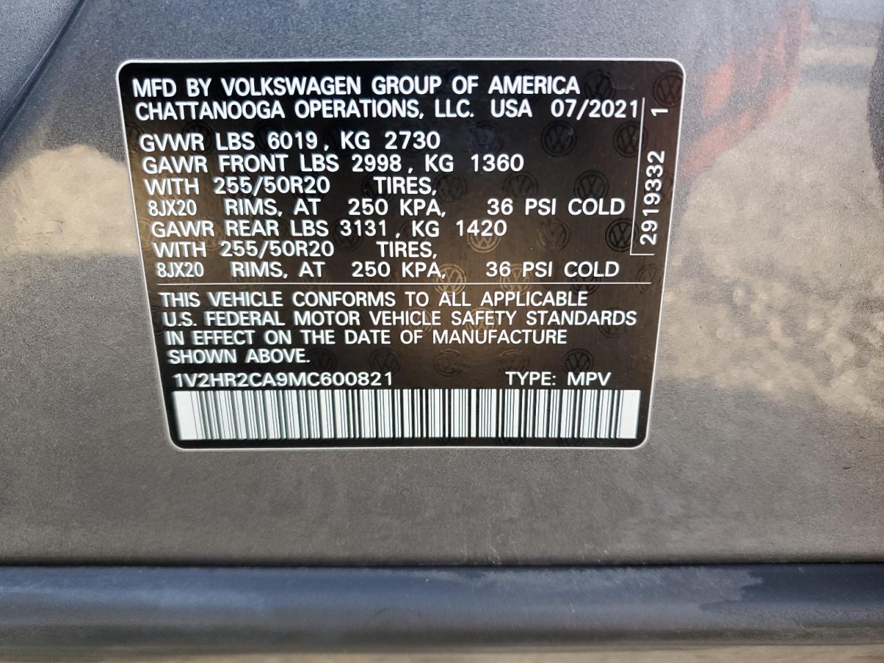 2021 Volkswagen Atlas Se VIN: 1V2HR2CA9MC600821 Lot: 63911225