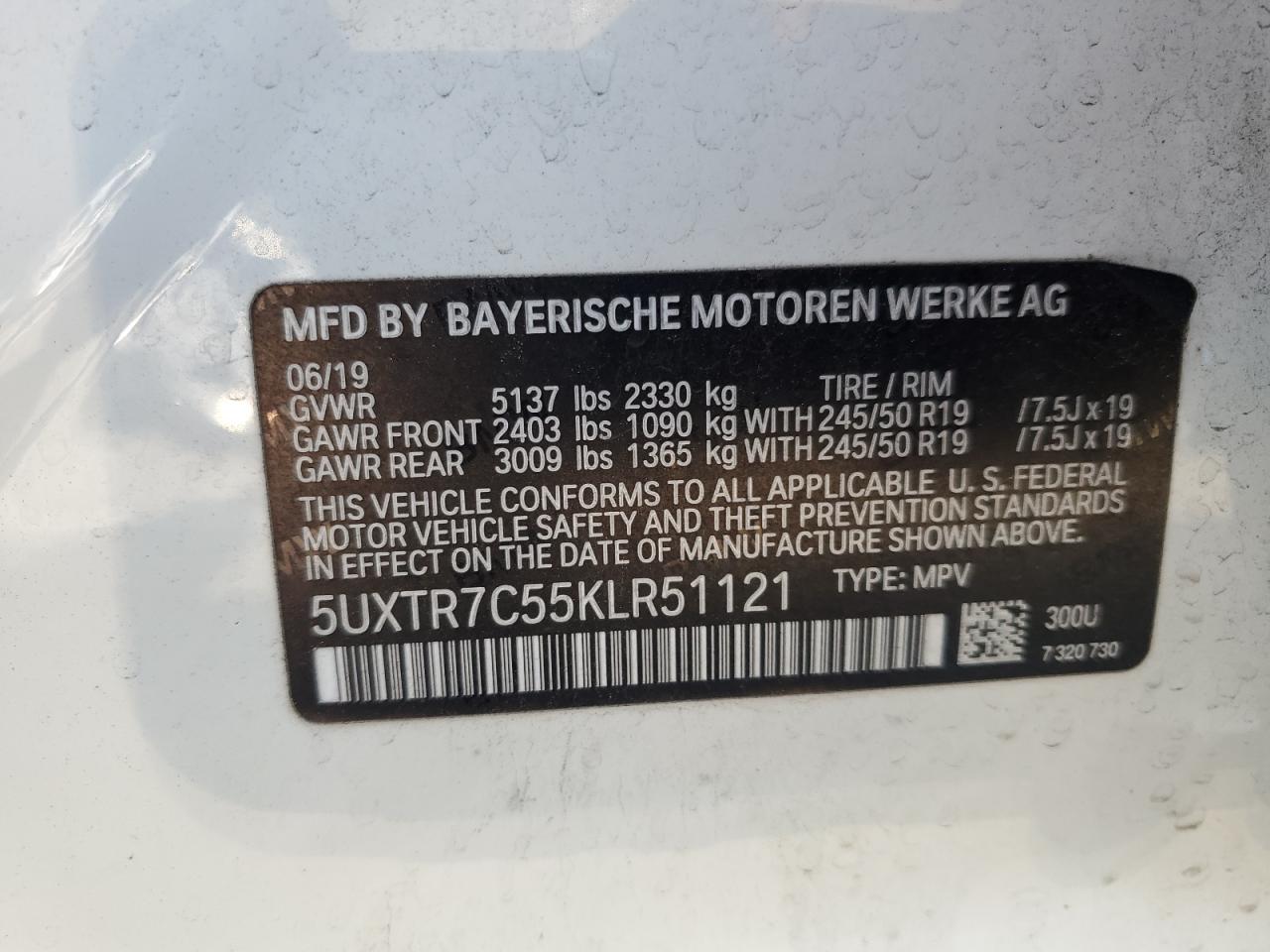 2019 BMW X3 Sdrive30I VIN: 5UXTR7C55KLR51121 Lot: 64896845