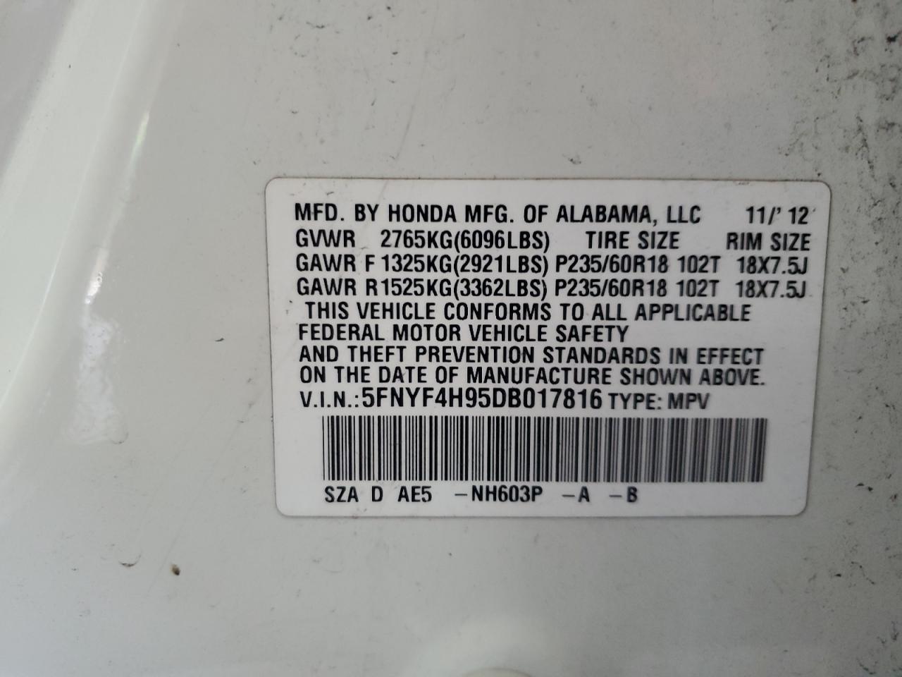 2013 Honda Pilot Touring VIN: 5FNYF4H95DB017816 Lot: 64095975