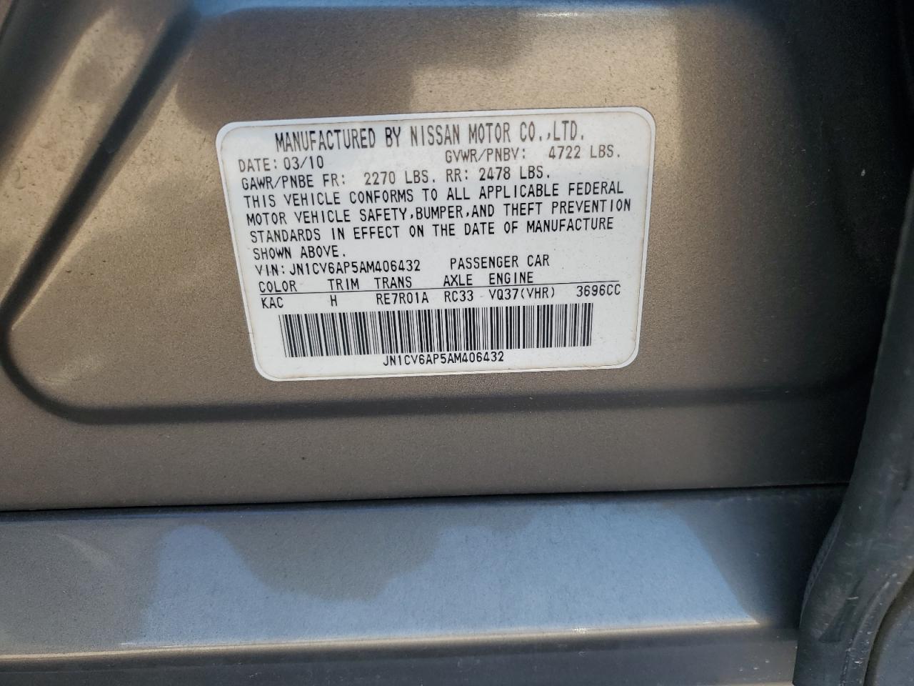 2010 Infiniti G37 Base VIN: JN1CV6AP5AM406432 Lot: 64747835