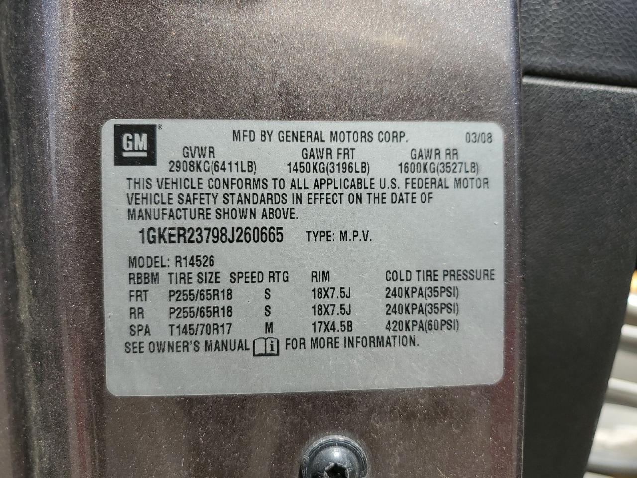 2008 GMC Acadia Slt-1 VIN: 1GKER23798J260665 Lot: 66107465