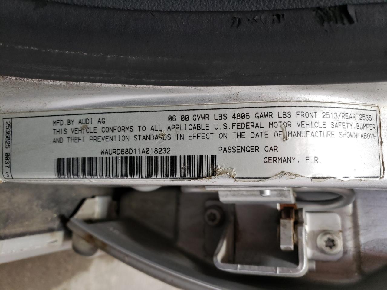 2001 Audi S4 2.7 Quattro VIN: WAURD68D11A018232 Lot: 66755695