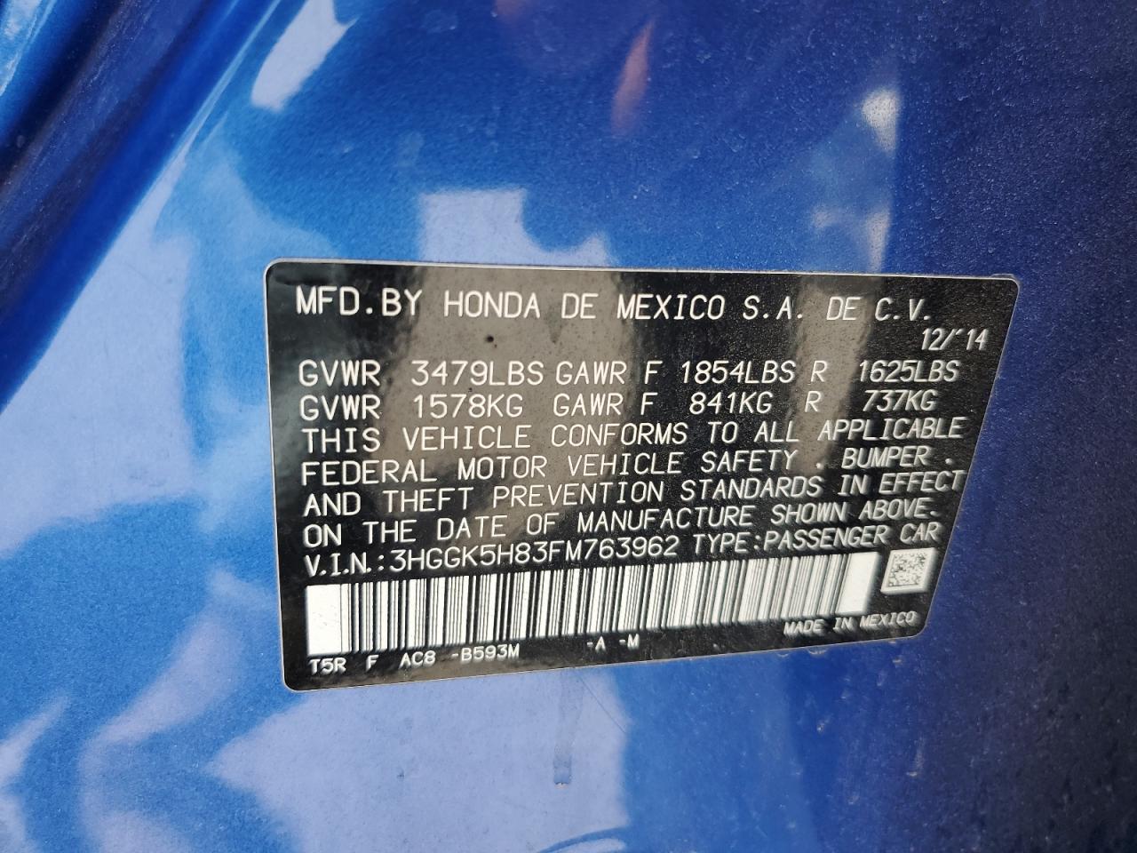 2015 Honda Fit Ex VIN: 3HGGK5H83FM763962 Lot: 64560635