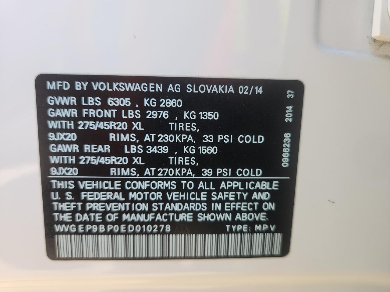 2014 Volkswagen Touareg V6 Tdi VIN: WVGEP9BP0ED010278 Lot: 63338885