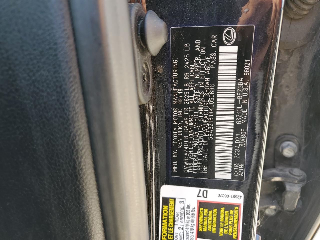 2019 Lexus Es 350 VIN: 58ABZ1B18KU050686 Lot: 63445965