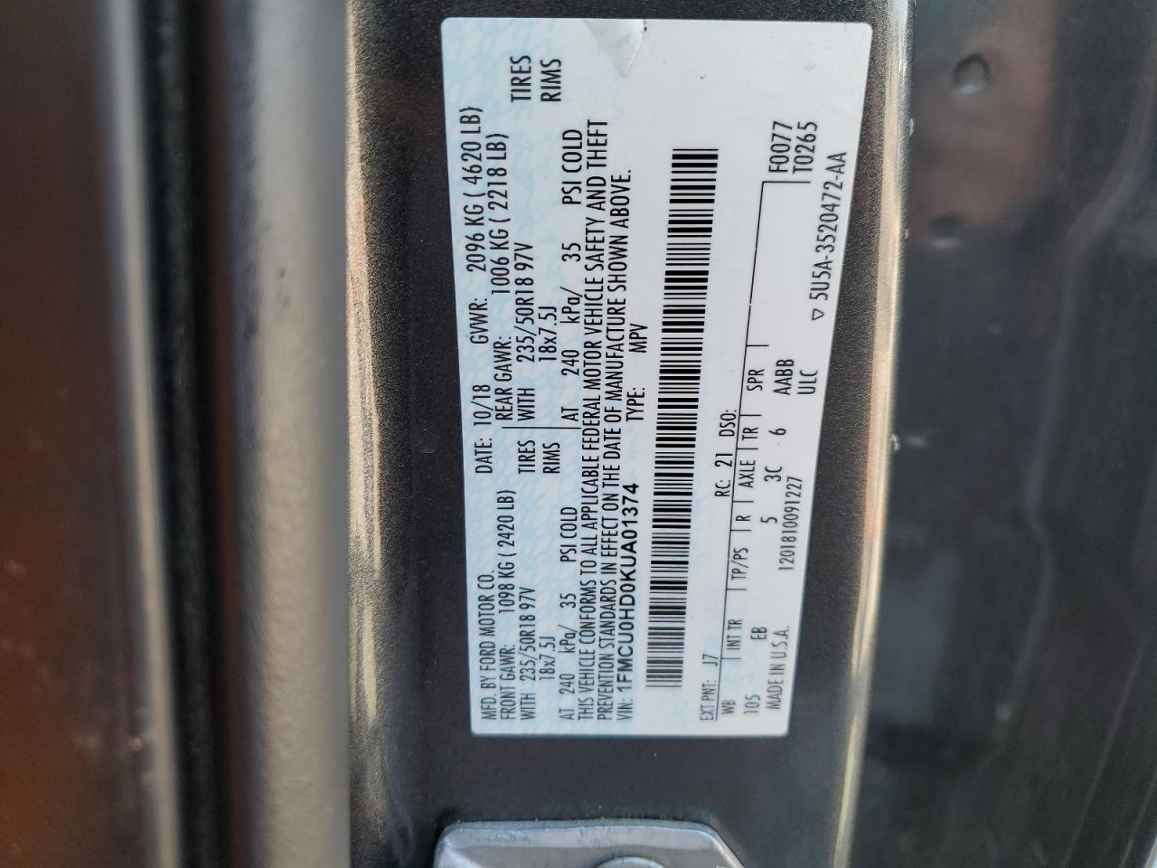 1FMCU0HD0KUA01374 FORD ESCAPE 2019