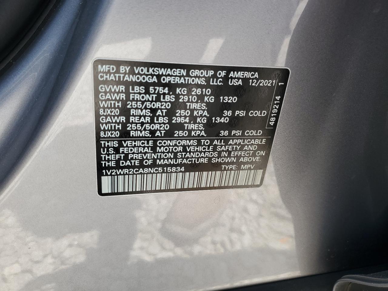 2022 Volkswagen Atlas Se VIN: 1V2WR2CA8NC515834 Lot: 63306825