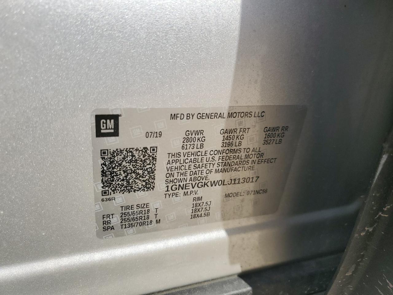 2020 Chevrolet Traverse Lt VIN: 1GNEVGKW0LJ113017 Lot: 62994925