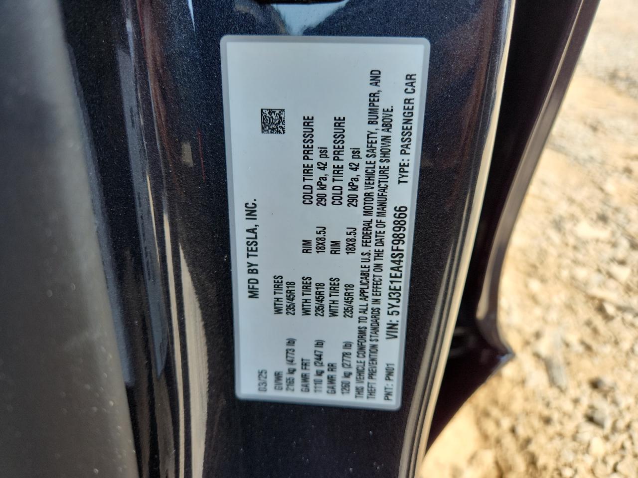 2025 Tesla Model 3 VIN: 5YJ3E1EA4SF989866 Lot: 63561905