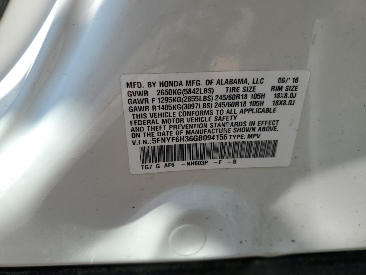 2016 Honda Pilot Ex VIN: 5FNYF6H36GB094156 Lot: 64413755