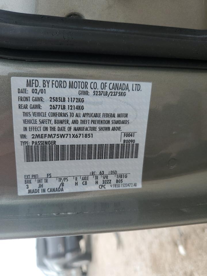 2001 Mercury Grand Marquis Ls VIN: 2MEFM75W71X671851 Lot: 63569905