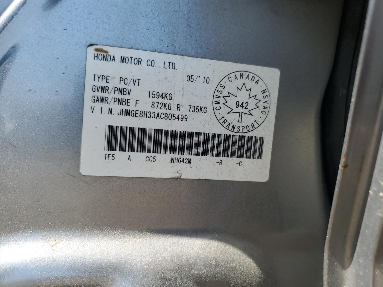 2010 Honda Fit Dx-A VIN: JHMGE8H33AC805499 Lot: 63746965
