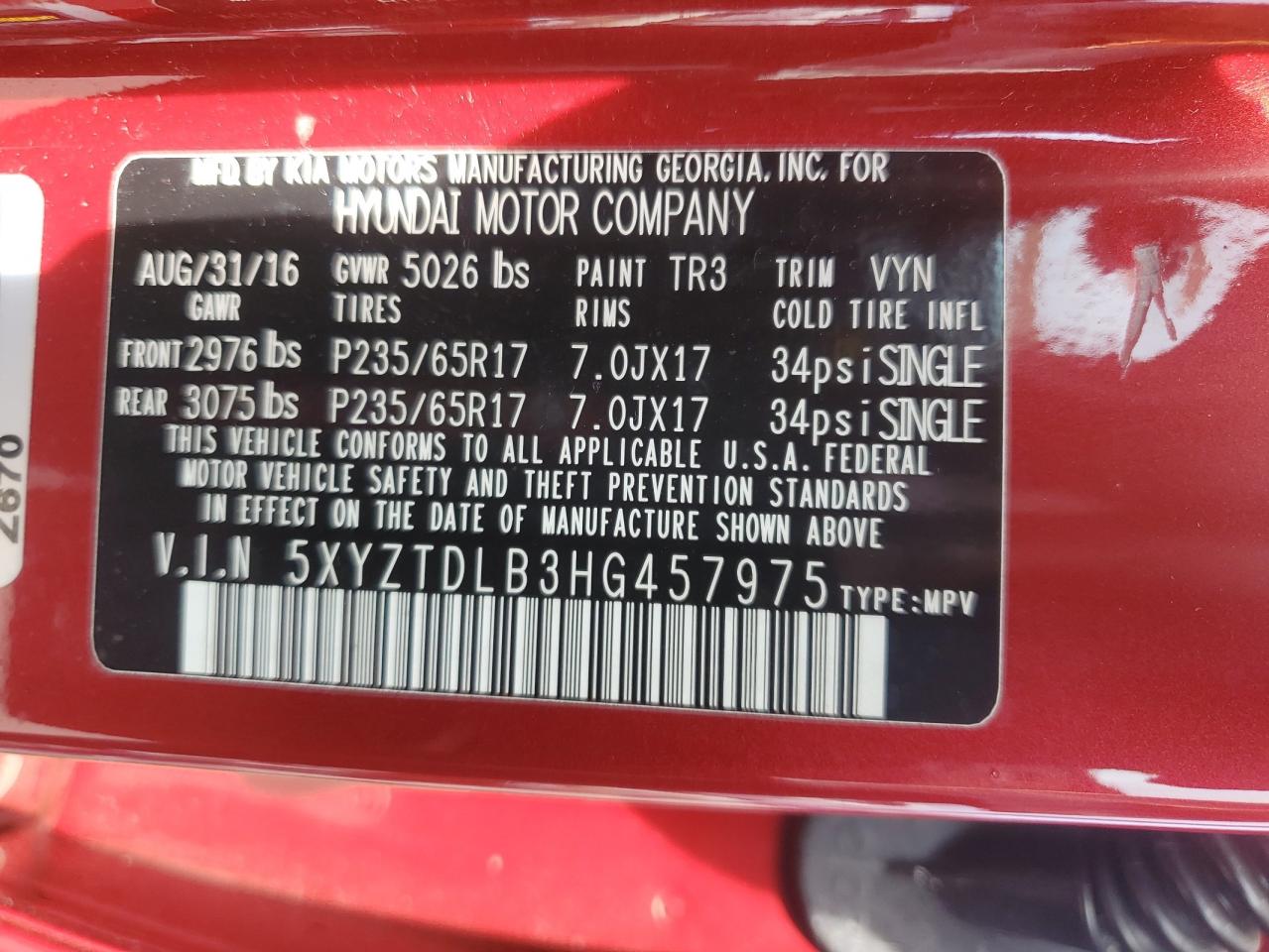 2017 Hyundai Santa Fe Sport VIN: 5XYZTDLB3HG457975 Lot: 63444715