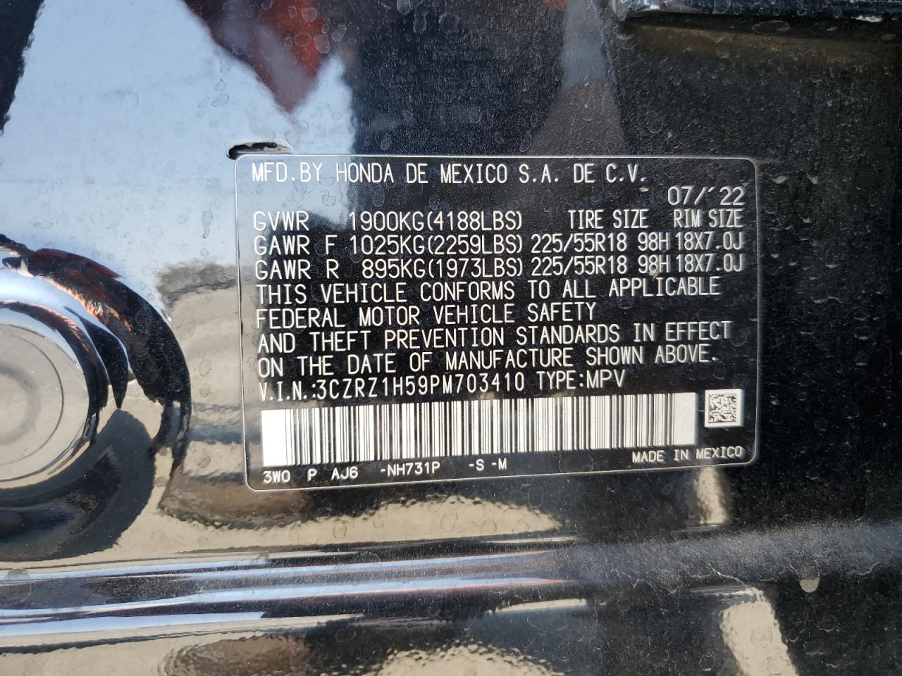 2023 Honda Hr-V Sport VIN: 3CZRZ1H59PM703410 Lot: 64522575