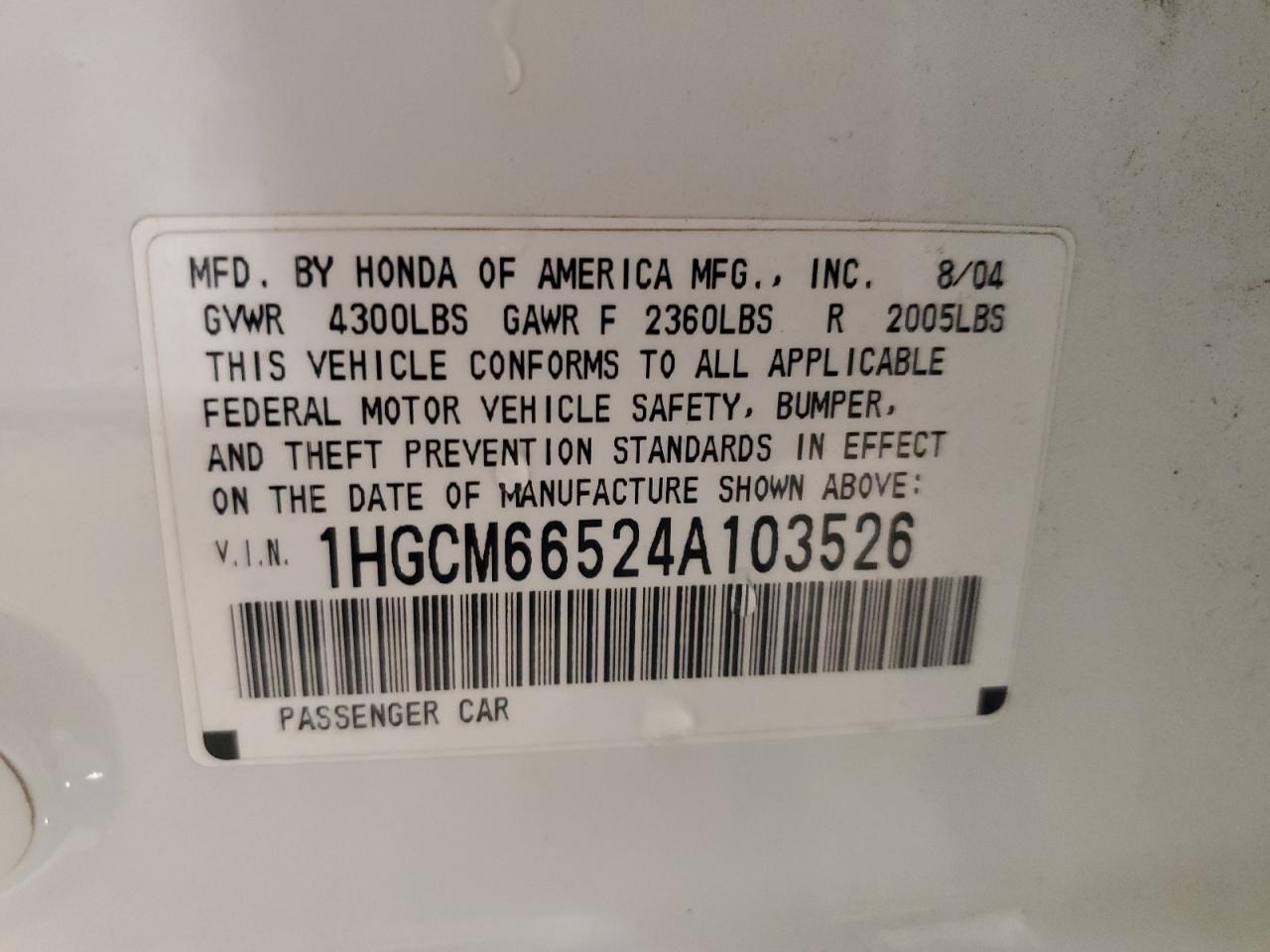 2004 Honda Accord Ex VIN: 1HGCM66524A103526 Lot: 65260095