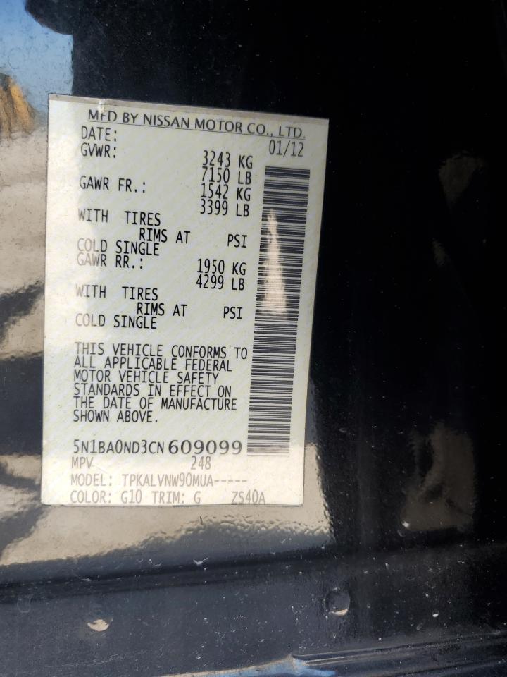 2012 Nissan Armada Sv VIN: 5N1BA0ND3CN609099 Lot: 62950465