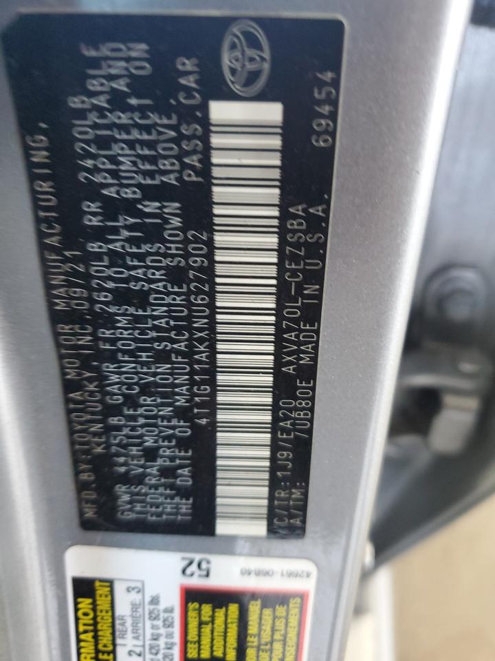 2022 Toyota Camry Se VIN: 4T1G11AKXNU627902 Lot: 61538255