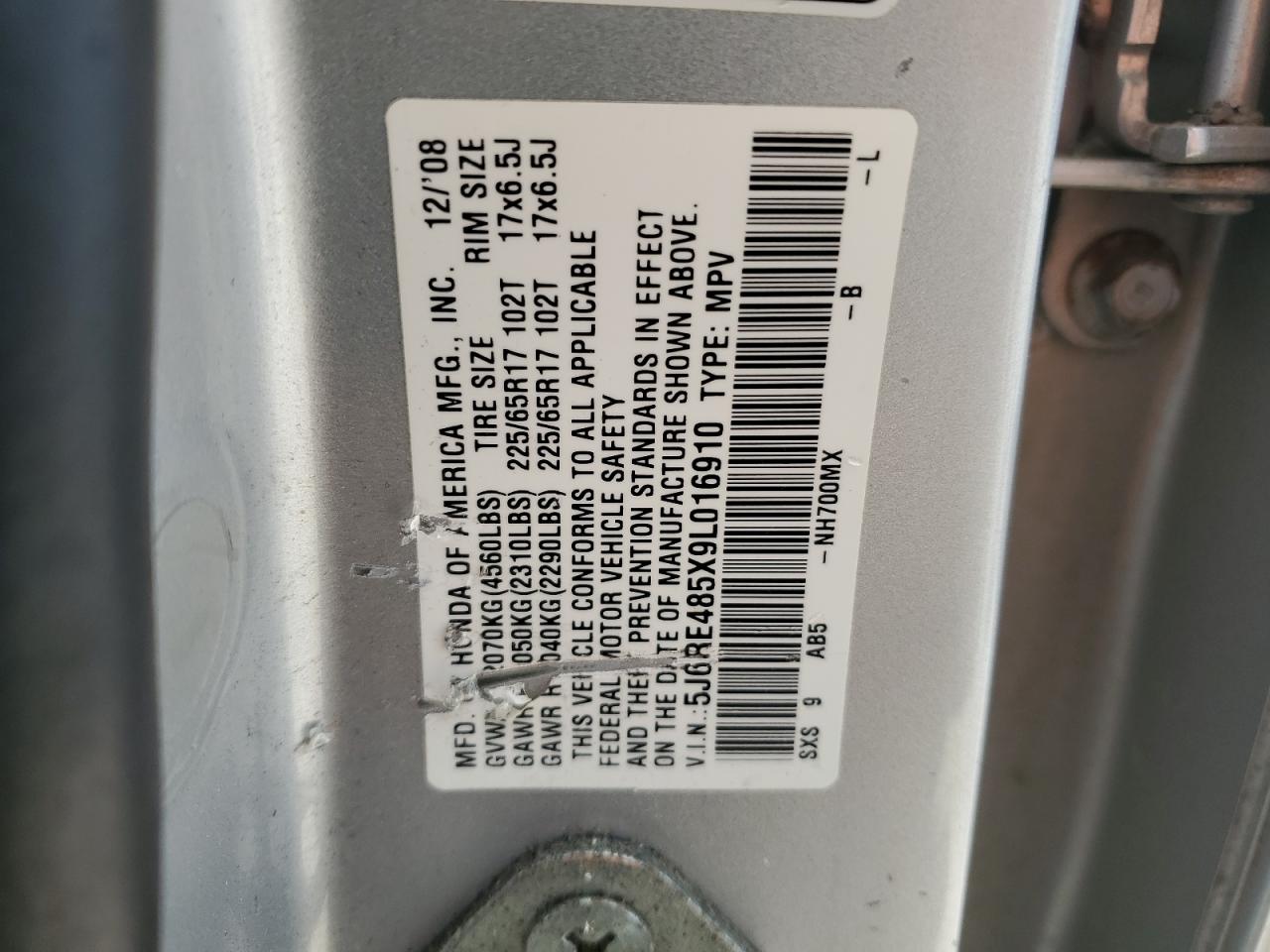 2009 Honda Cr-V Ex VIN: 5J6RE485X9L016910 Lot: 65248635