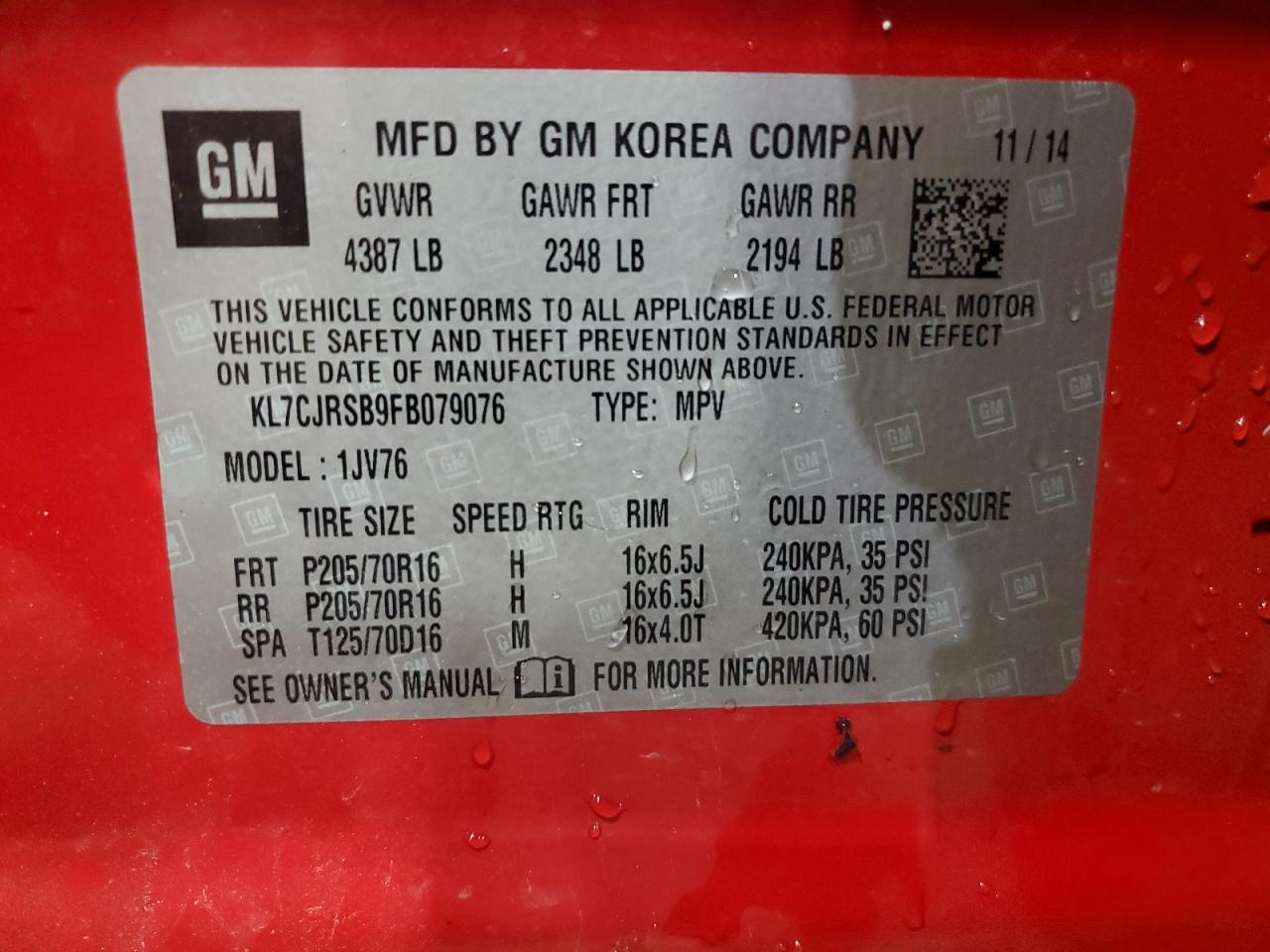 2015 Chevrolet Trax 1Lt VIN: KL7CJRSB9FB079076 Lot: 64982645