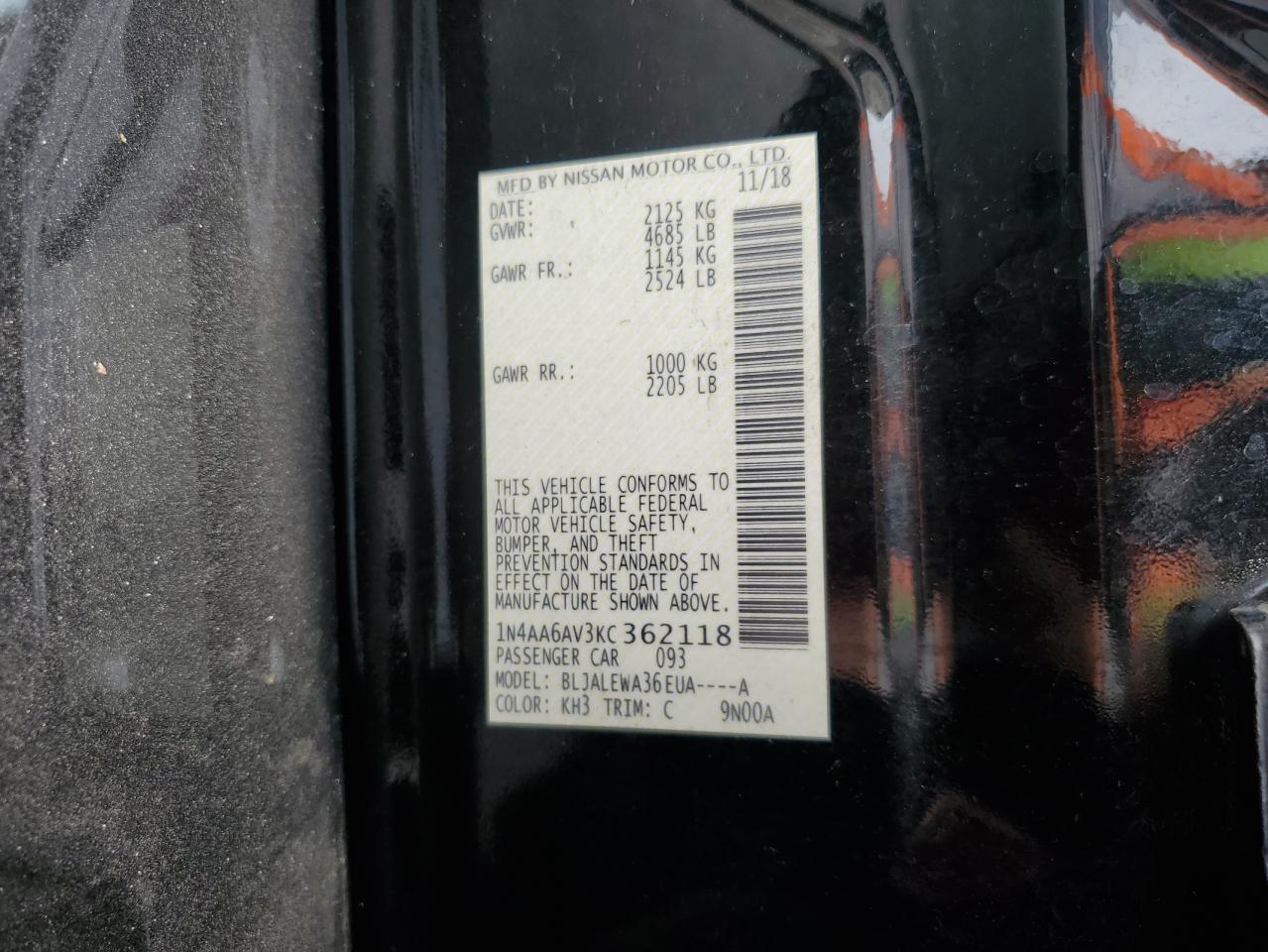 2019 Nissan Maxima S VIN: 1N4AA6AV3KC362118 Lot: 64746705