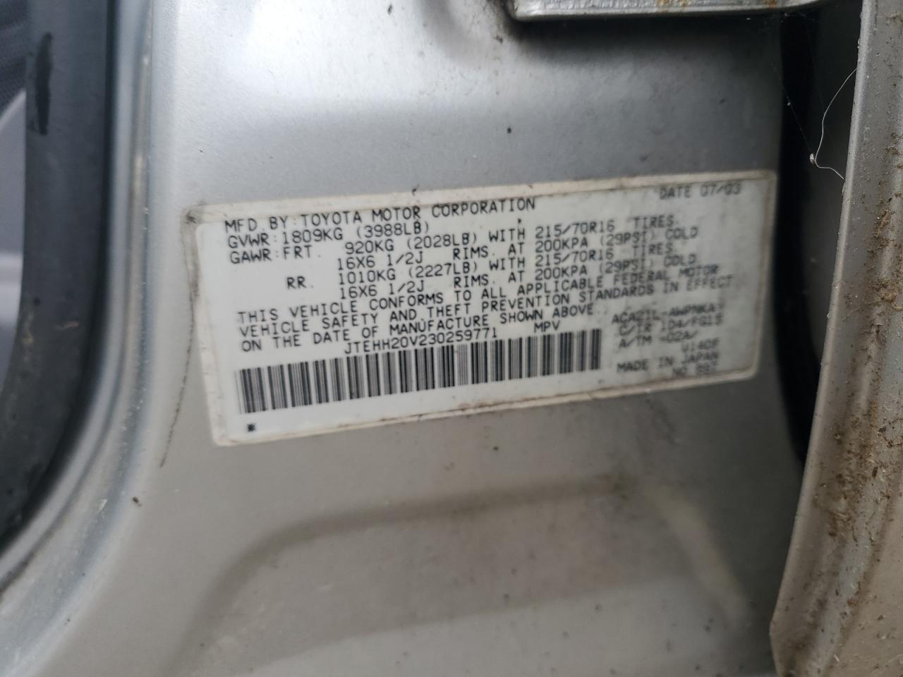 2003 Toyota Rav4 VIN: JTEHH20V230259771 Lot: 67175165