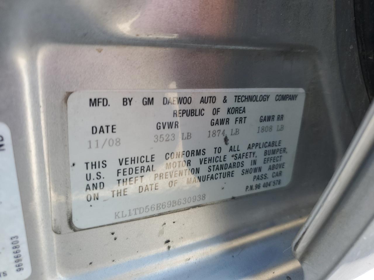 kl1td56e69b630938 KL1TD56E69B630938 2009 Chevrolet Aveo Ls