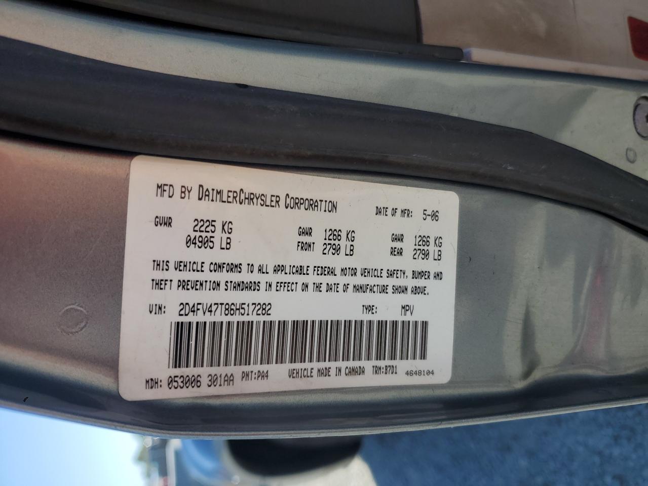 2006 Dodge Magnum Se VIN: 2D4FV47T86H517282 Lot: 63332685