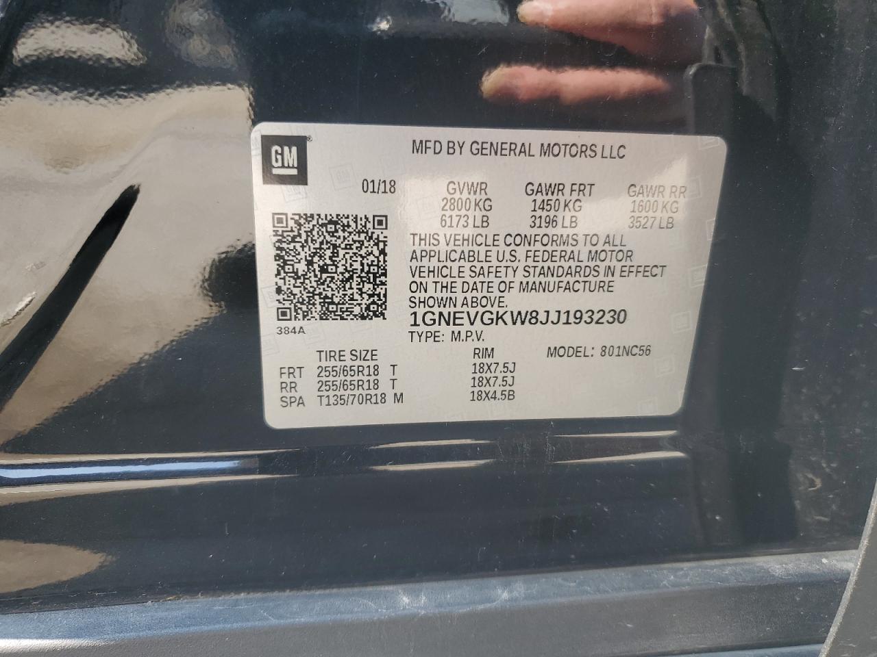 2018 Chevrolet Traverse Lt VIN: 1GNEVGKW8JJ193230 Lot: 63439625