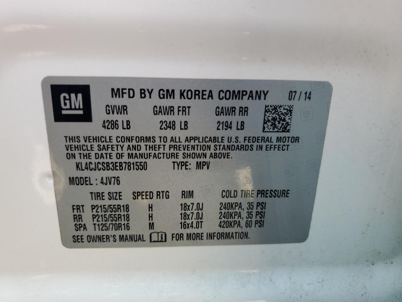 2014 Buick Encore VIN: KL4CJCSB3EB781550 Lot: 65010215