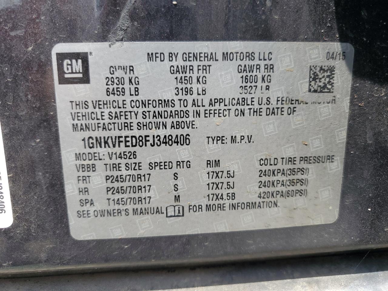 2015 Chevrolet Traverse Ls VIN: 1GNKVFED8FJ348406 Lot: 64969535