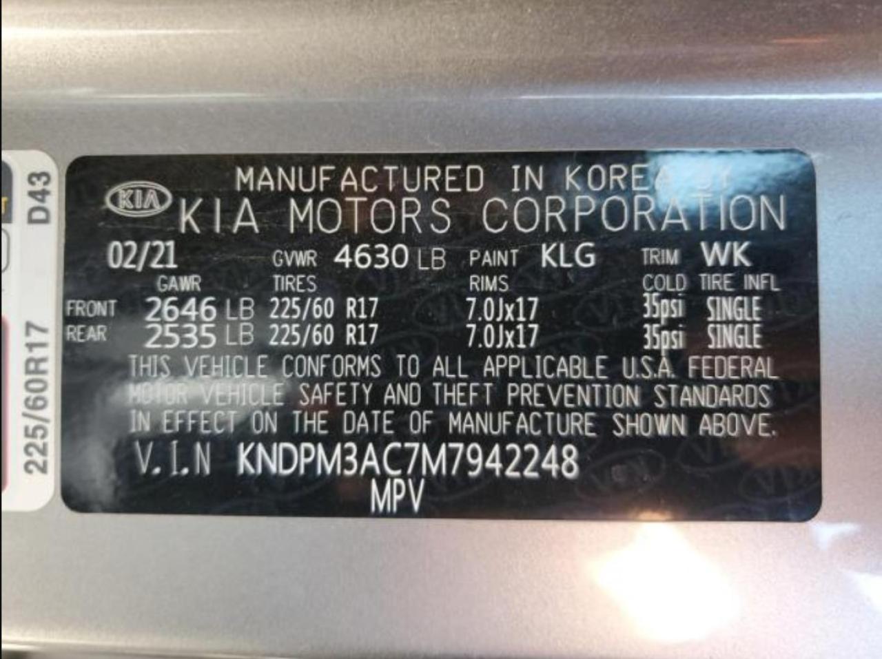 2021 Kia Sportage Lx VIN: KNDPM3AC7M7942248 Lot: 66401235