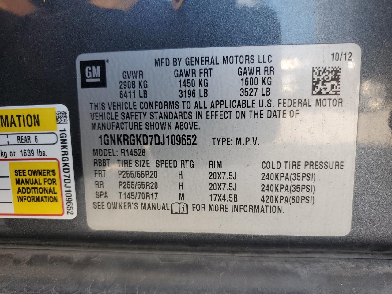 2013 Chevrolet Traverse Lt VIN: 1GNKRGKD7DJ109652 Lot: 64370645