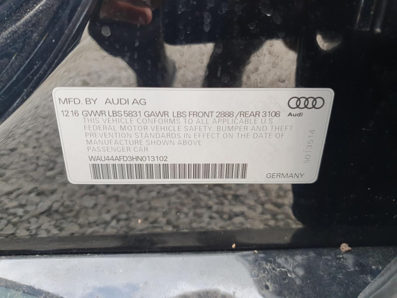 2017 Audi A8 L Quattro VIN: WAU44AFD3HN013102 Lot: 65027185